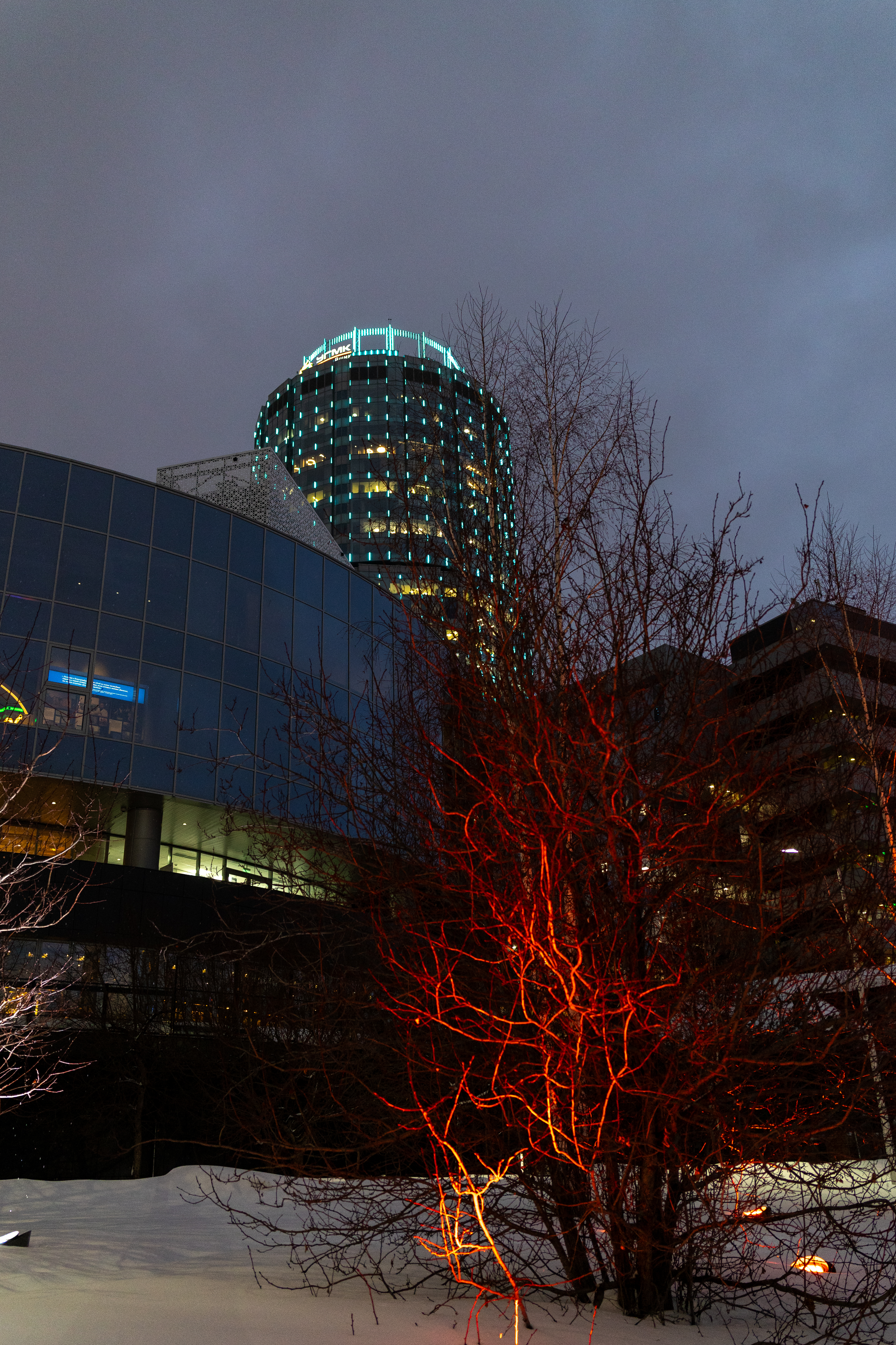 Зимний город: снег сглаживает линии, плотное небо, рассеянный свет — почти студийная картинка.