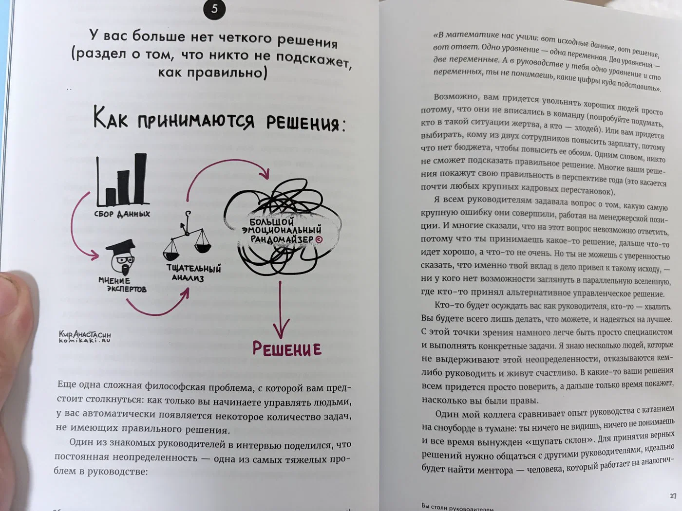 Сбор данных, мнение экспертов, тщательный анализ — и большой эмоциональный рандомайзер. Иллюстрации в книге — Кир Анастасин Разворот книги: глава о том, что у руководителя больше нет чётких решений, с иллюстрацией «Как принимаются решения»