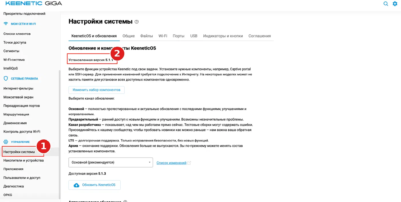 Раздел «Настройки системы» с версией KeeneticOS
