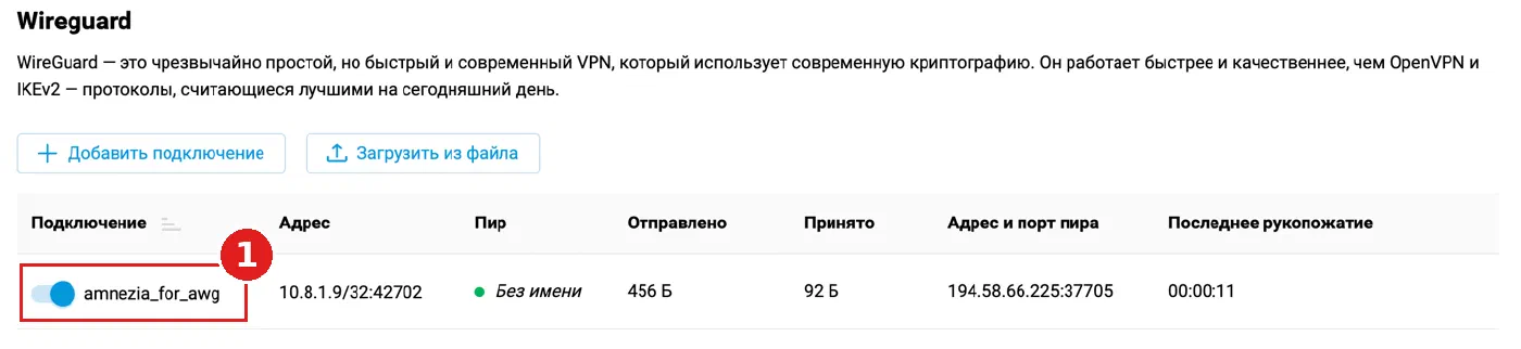 Активное WireGuard-подключение со счётчиками трафика