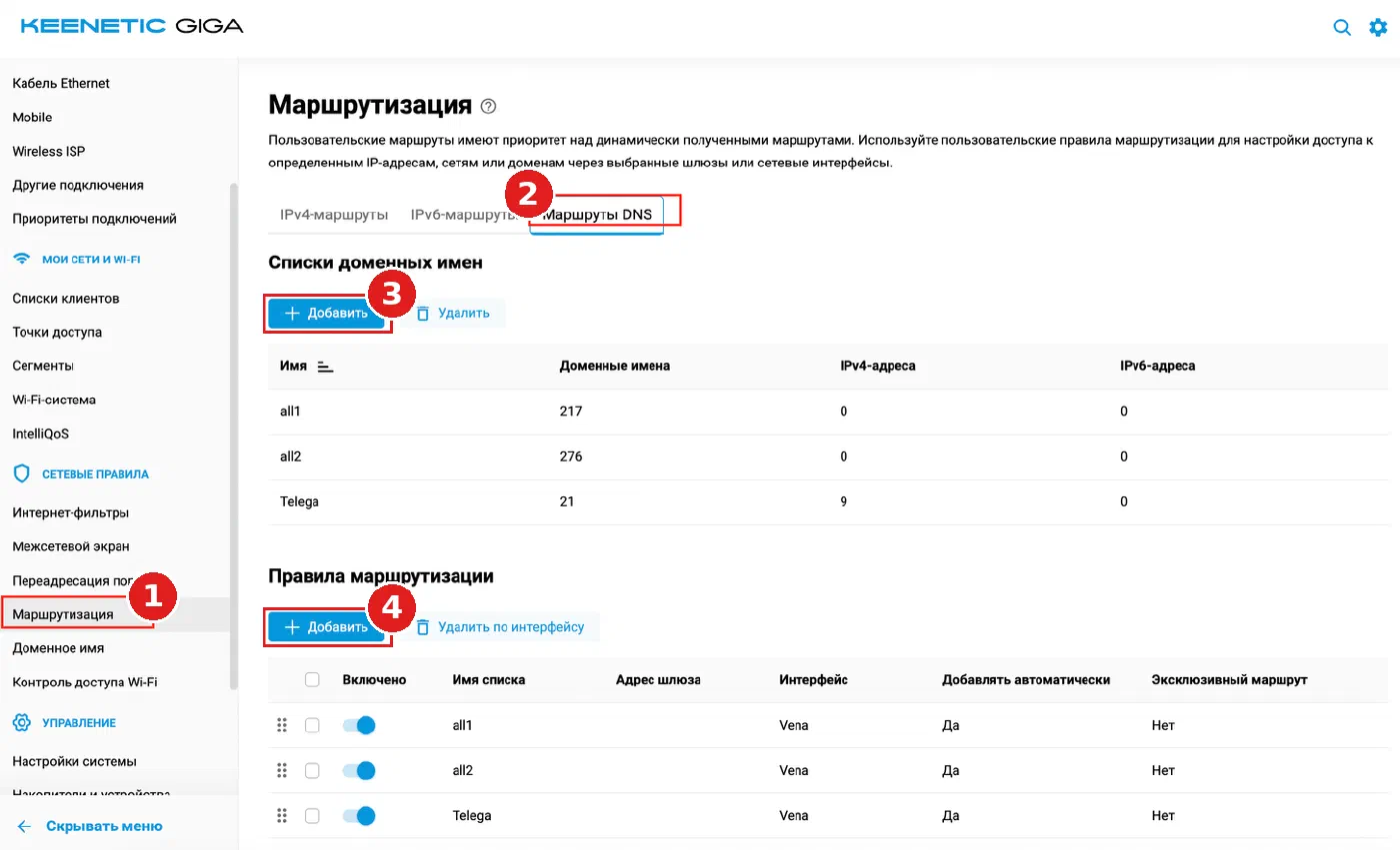 Вкладка «Маршруты DNS» в разделе «Маршрутизация»