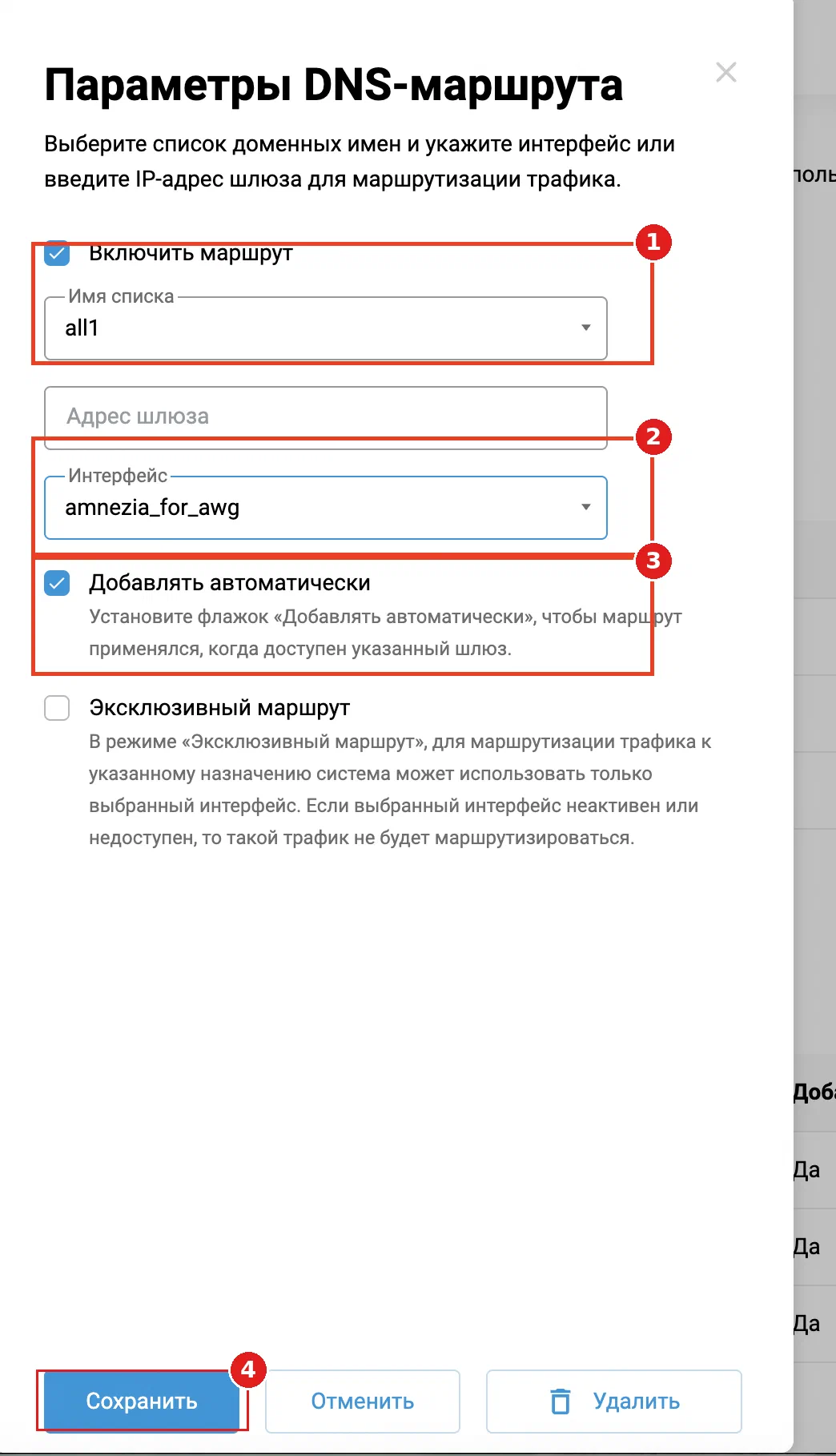 Параметры DNS-маршрута: список, интерфейс, автодобавление